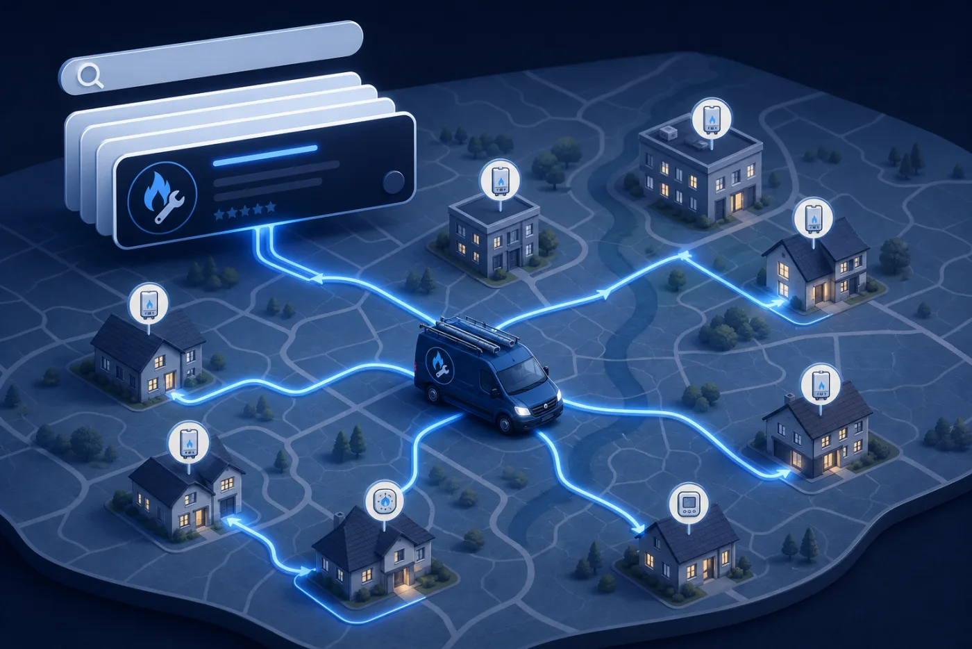 Illustration of a service van reaching homes across a local area, connected through search