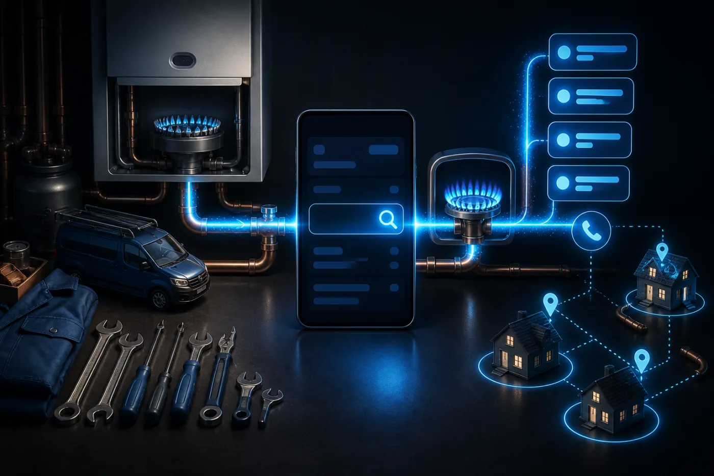 Illustration of a search leading to a local gas technician, with tools, van and connected homes