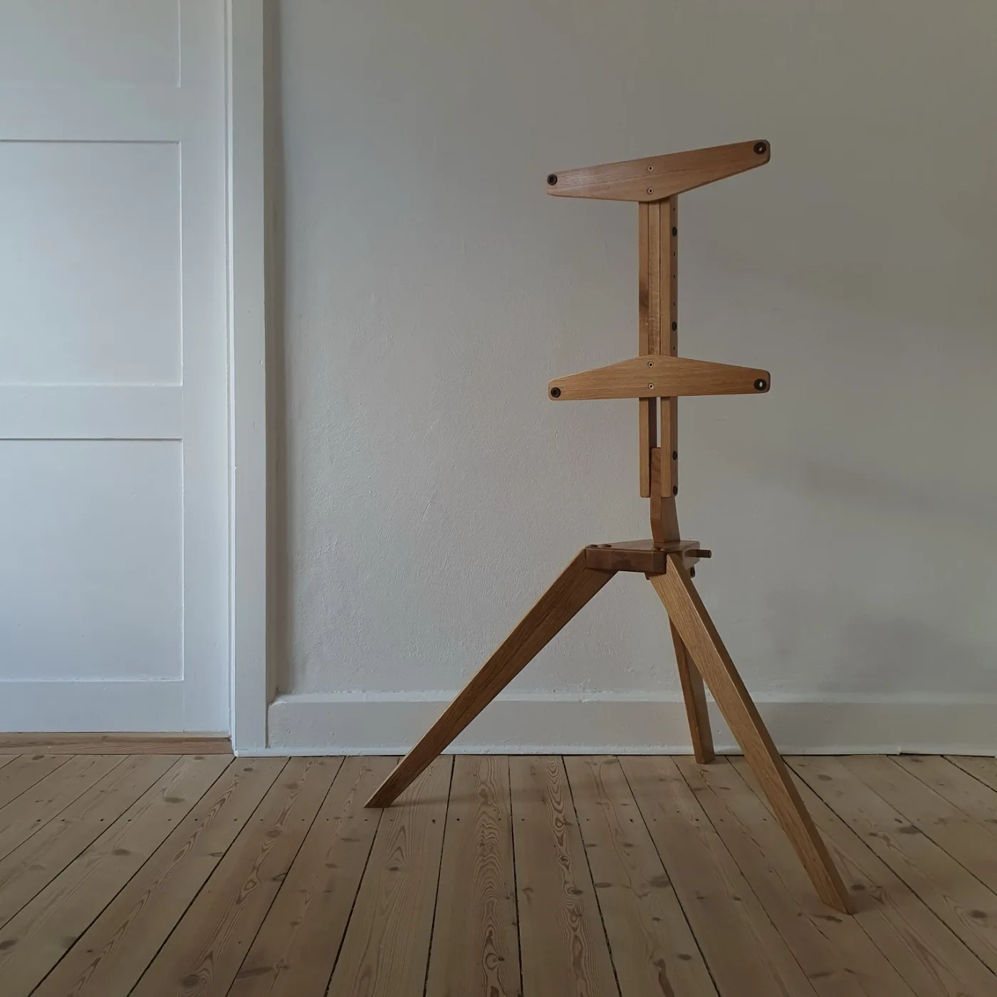 Wooden TV stand prototype, co-designed with my father, tripod base and easel arms